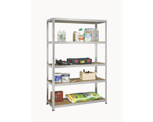 Metalen rek met vijf planken en diverse producten