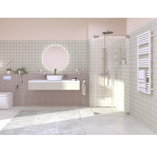 Lichte badkamer met douche, wastafel en handdoekradiator