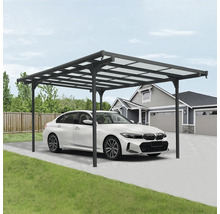 Vrijstaande carport van aluminium met een auto eronder geparkeerd.