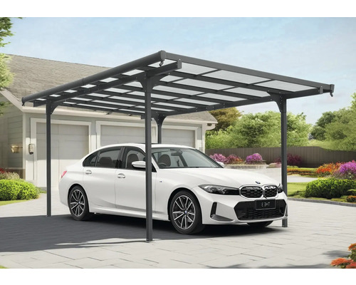 <p>Carport aluminium antraciet 299 x 496 cm</p> Auto onder een carport voor een huis.