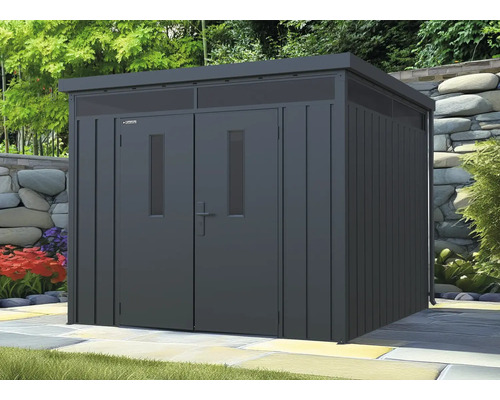 KONSTA Tuinhuis Premium systeemhuis met platdak 7,5 m² zwart 274 x 274 cm Metalen tuinhuis met dubbele deur in de tuin