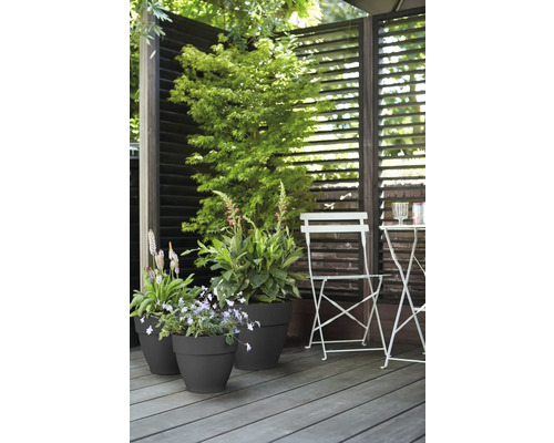 Terras met planten in potten, privacyscherm en bistrotset