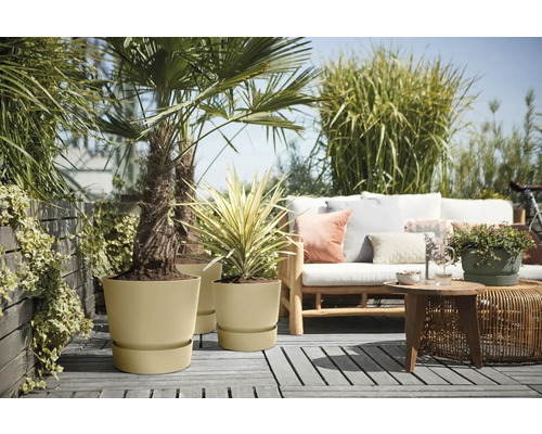 Terras met planten in bloempotten en een zithoek