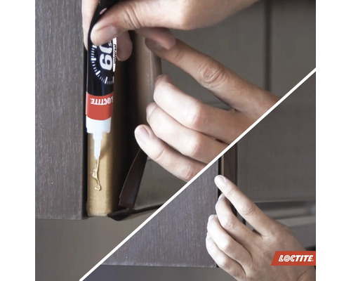 Toepassing van Loctite universele lijm voor het lijmen van een meubelstuk.