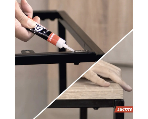 Toepassing van Loctite universele lijm voor het verbinden van een metalen tafelonderstel en een tafelblad
