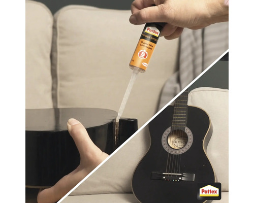 Persoon repareert een gitaar met Pattex Power epoxy.