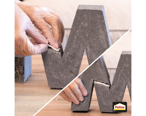 Gebruik van lijm om een betonnen letter te repareren, Pattex logo