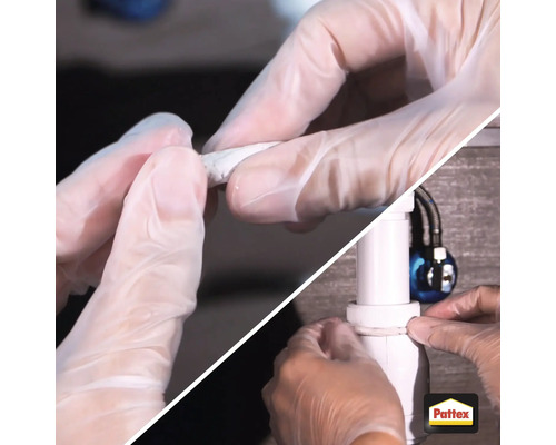 Aanbrengen van afdichtingskneedmassa op een sifon met Pattex logo