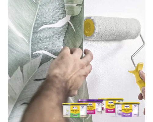 Behangen van een muur met bladbehang en schilderen van een andere muur met een verfroller, meerdere verfcontainers op de voorgrond