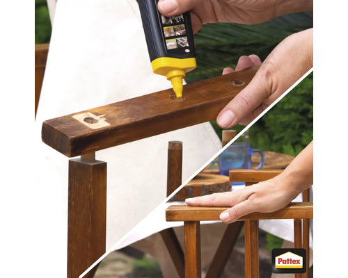 Persoon repareert een houten stoel met lijm. Pattex logo.