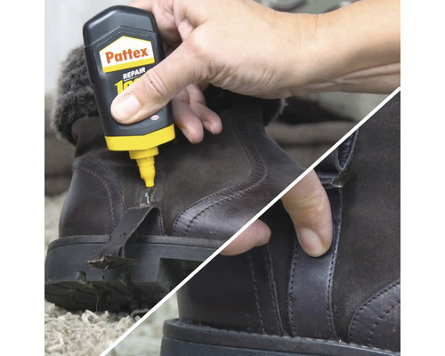 Pattex Repair 100 procent lijm aanbrengen op een bruine laars voor reparatie