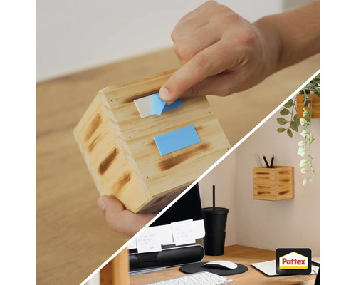 Decoratieve houten box wordt met plakstrips aan de wand bevestigd, Pattex Logo