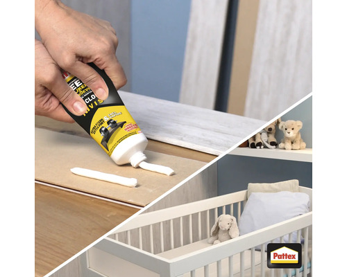 Montagelijm wordt uit een tube op een houten oppervlak aangebracht, met op de achtergrond een kinderbed. Pattex Logo