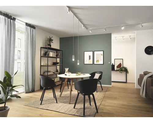 Woonkamer met eettafel, stoelen, boekenkast en railsysteem met spots