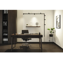 Moderne werkkamer met bureau, bureaustoel, rekkensysteem en wandlamp.