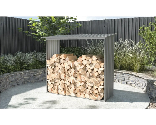 Houtopslag metaal grijs 182 x 75 x 160 cm Metalen houtopslag in de tuin met gestapeld brandhout