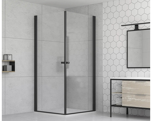 Hoekdouche met zwart frame in badkamer