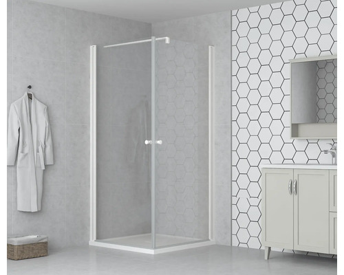 Hoekdouche met heldere glazen wanden in een badkamer