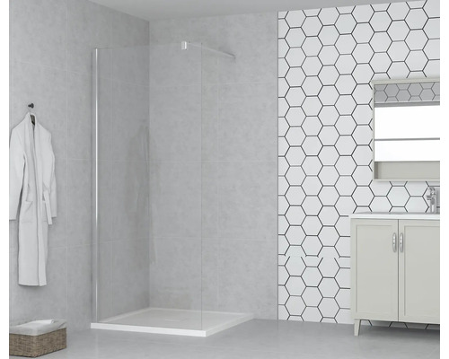 Voorbeeld van een badkamer met douchewand, wastafelonderkast, spiegel en handdoek