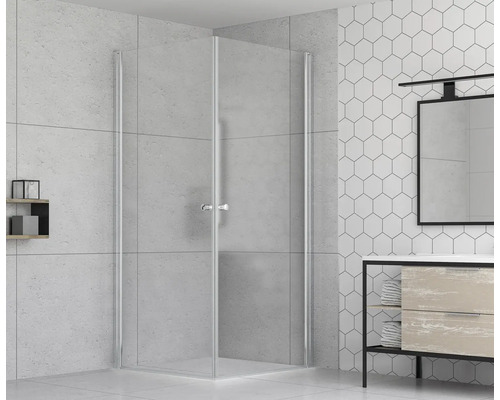 Hoekdouche met heldere glazen wanden in badkamer