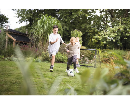 Kinderen spelen voetbal in de tuin met voetbaldoel