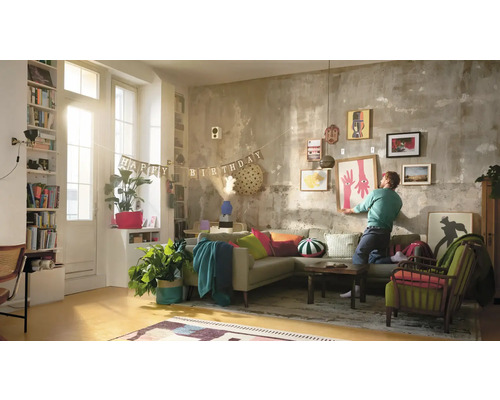 "Woonkamer met bank, fauteuils, planten en een persoon die een ingelijste foto ophangt aan een muur met diverse kunstwerken. Er is ook een slinger met de tekst ""Happy Birthday"" te zien."