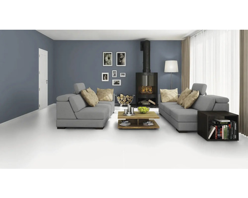 Lichte woonkamer met grijze banken, open haard en hout