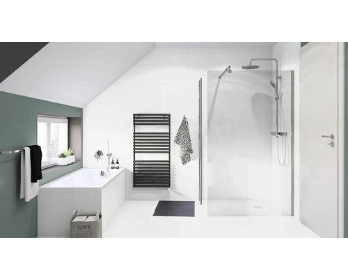 Badkamer met bad, douche, handdoekradiator en accessoires