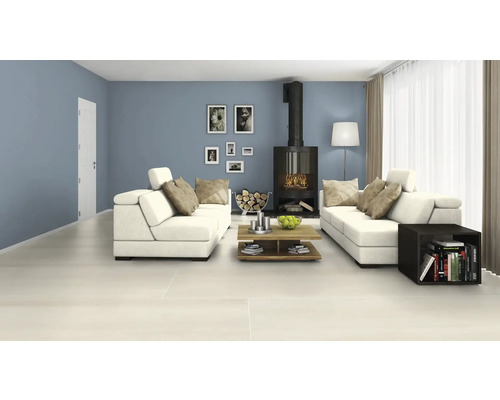 Woonkamer met banken, open haard en houten vloer