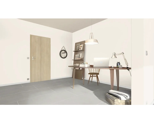 Lichte kamer met bureau, stoel, planken en deur