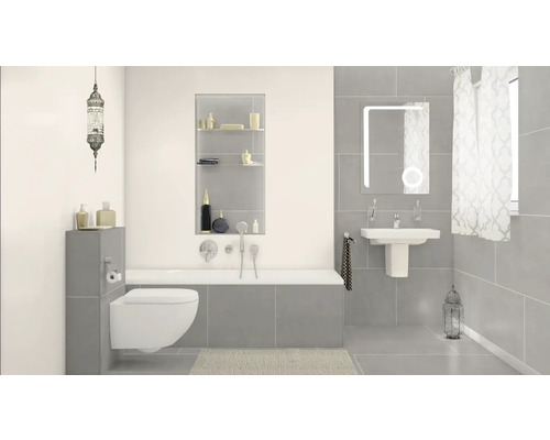 Lichte badkamer met toilet, bad, wastafel, spiegel en decoraties