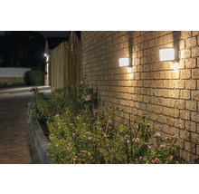 Twee vierkante buitenlampen aan een bakstenen muur naast beplanting.