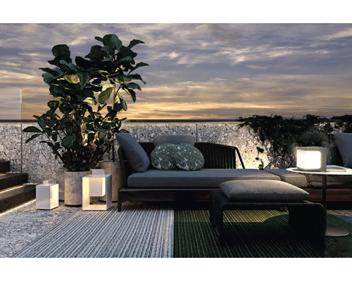 Terras met loungemeubels, planten en decoratieve verlichting voor een gezellige sfeer