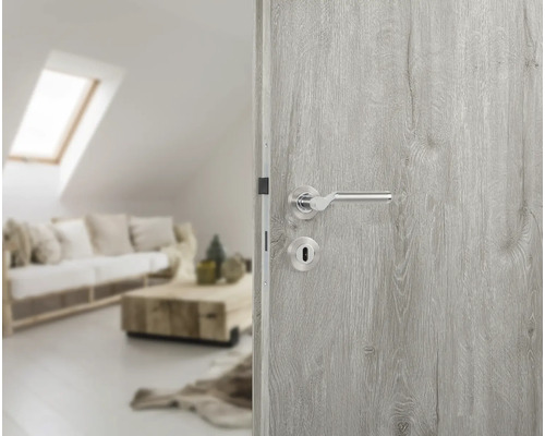 Grijze houten deur met deurklink in een woonkamer