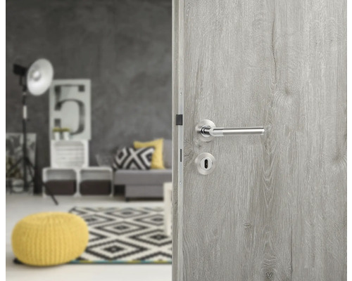 Grijze binnendeur met roestvrijstalen beslag in een modern ingerichte kamer.