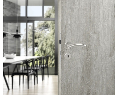 Houten deur met zilverkleurige deurklink in een heldere kamer