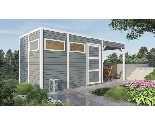 BERTILO Tuinhuis Cubo 3 lounge incl. vloer en overkapping grijs, 558x234 cm Modern tuinhuis met ramen, deur en overdekt terras buiten.
