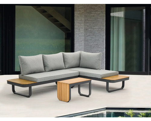 Tuinmeubelset met loungehoek, tafel en grijze kussens