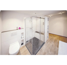 Lichte badkamer met douche, toilet en rekken