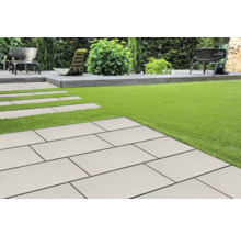 Tuin met gazon en pad van stenen platen