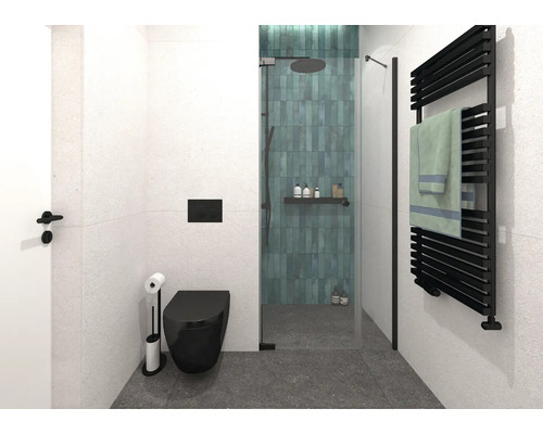 Moderne badkamer met douche, toilet en handdoekradiator
