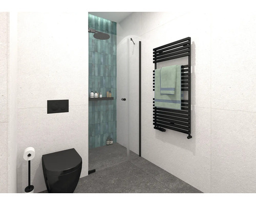 Moderne badkamer met douche, toilet en handdoekradiator