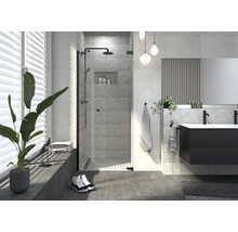 Moderne badkamer met douche, wastafel en decoraties