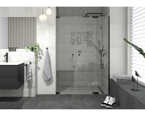 Moderne badkamer met douchecabine, wastafel en spiegel