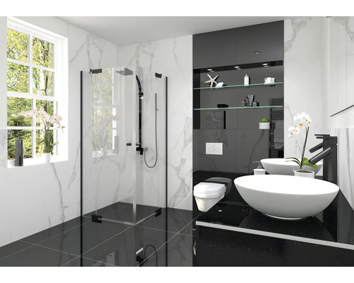 Moderne badkamer met douche, wastafel en toilet in zwart-witoptiek