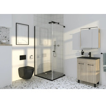 Moderne badkamer met douchecabine, wastafelonderkast, spiegelkast en hangtoilet