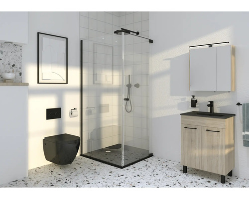 Moderne badkamer met douchecabine, wastafelonderkast, spiegelkast en hangtoilet