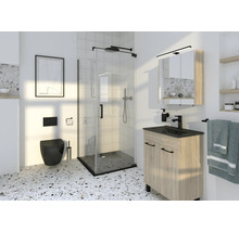 Moderne badkamer met douche, wastafelonderkast en wandcloset.