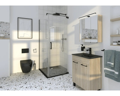 Moderne badkamer met douche, wastafelonderkast en wandcloset.