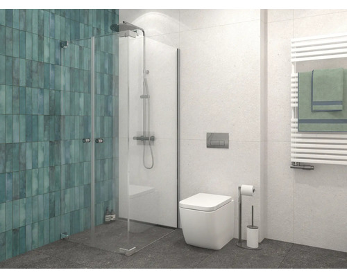Moderne badkamer met douche, toilet en handdoekradiator